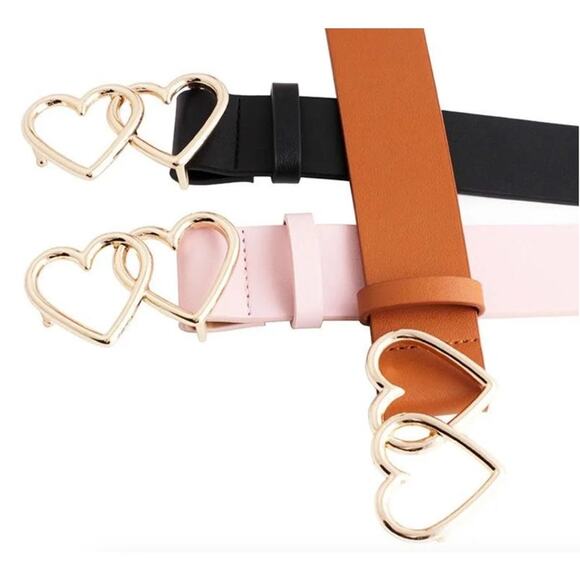 Belt Vegan Leather Camel Tan NEW 27"-35" Gold Tone Double Heart Total 40" - Picture 3 of 9